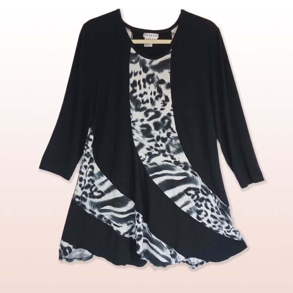 Gardy Animal Print Black White Long Flair Top Tunic Size M - Picture 1 of 7